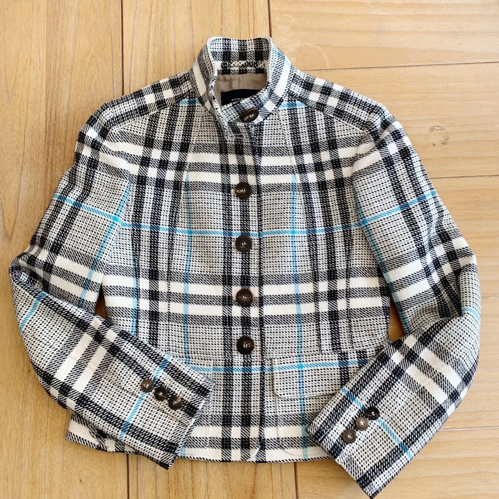 Burberry Tailored Plaid Women's Jacket - Cream & Black with Teal Accents - Picture 13 of 16
